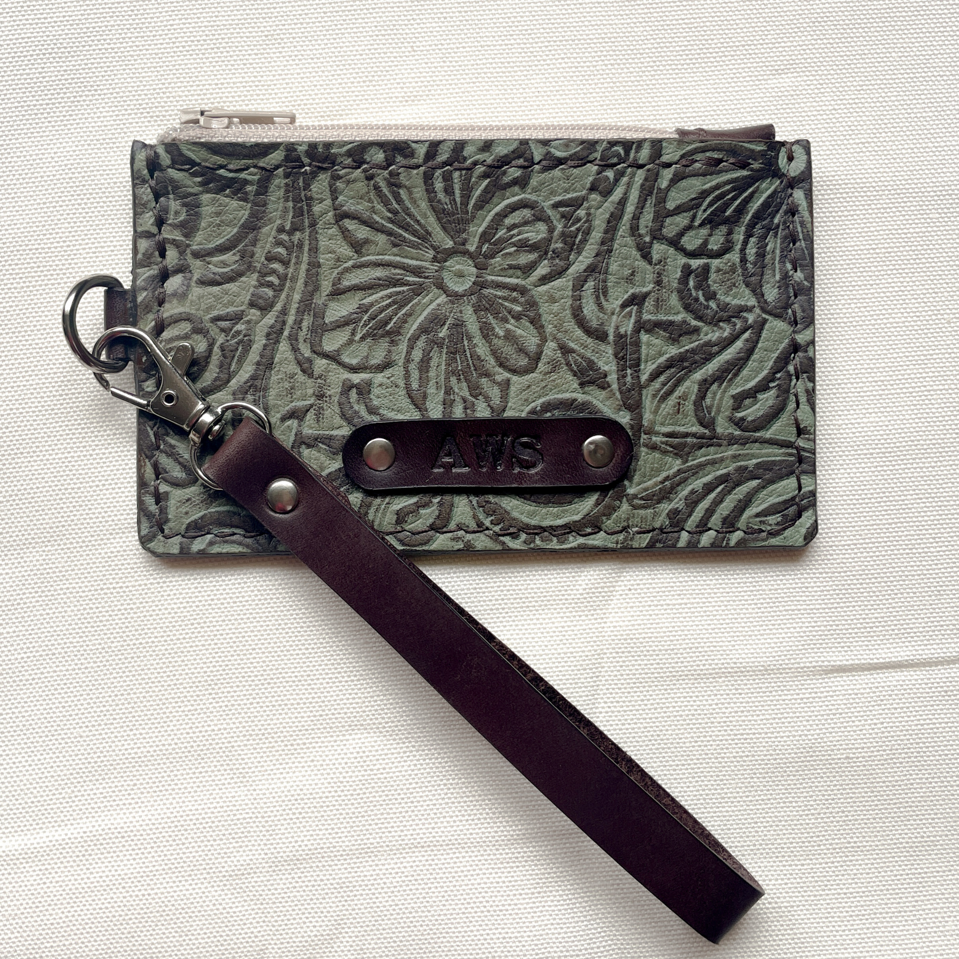 Tooled Teal and brown small leather wristlet with zipper