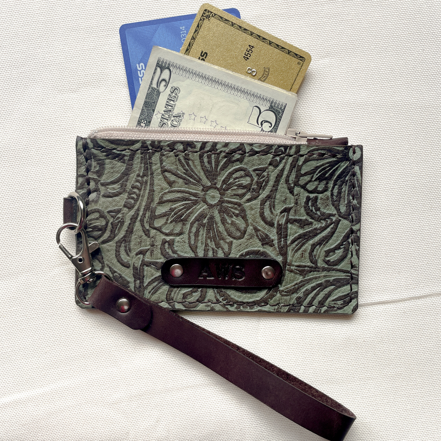 Tooled Teal and brown small leather wristlet with zipper