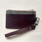 Tooled Teal and brown small leather wristlet with zipper